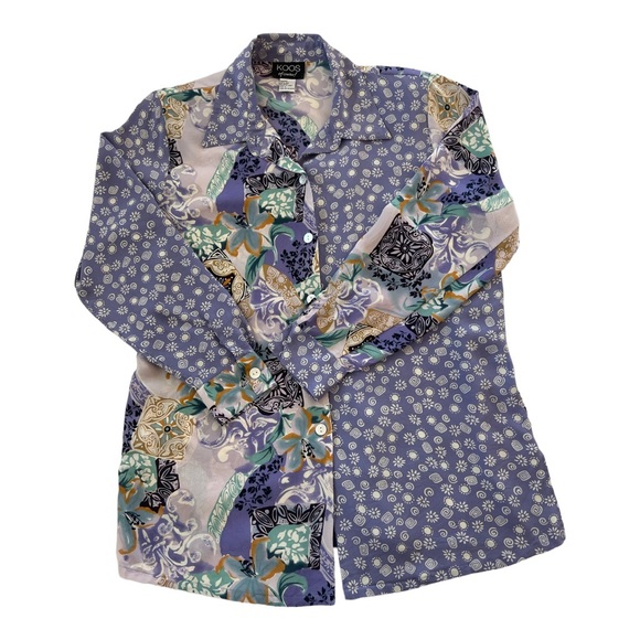 KOOS Of Course 100% Silk Women’s Button Down Blouse Size L Floral/Purple Print - Picture 2 of 8